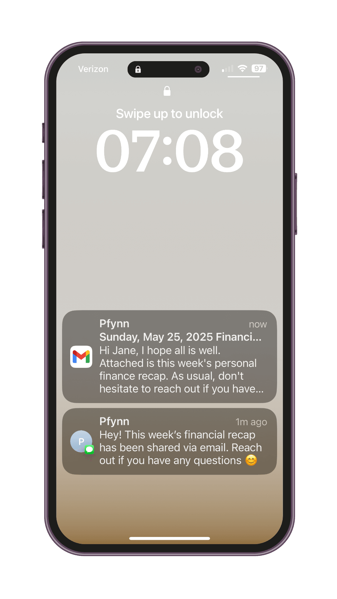 Pfynn app interface showing personal finance insights - View 5