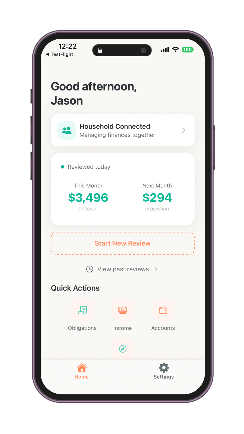 Pfynn app screenshot showing This Month's Leftover and Next Month's Projection — your calm weekly financial check-in